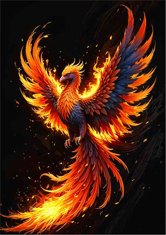 Fiery colourful phoenix in flight | Metal Poster