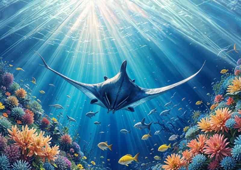 A large blue mantra ray swimming in an underwater ocean scene | Metal Poster