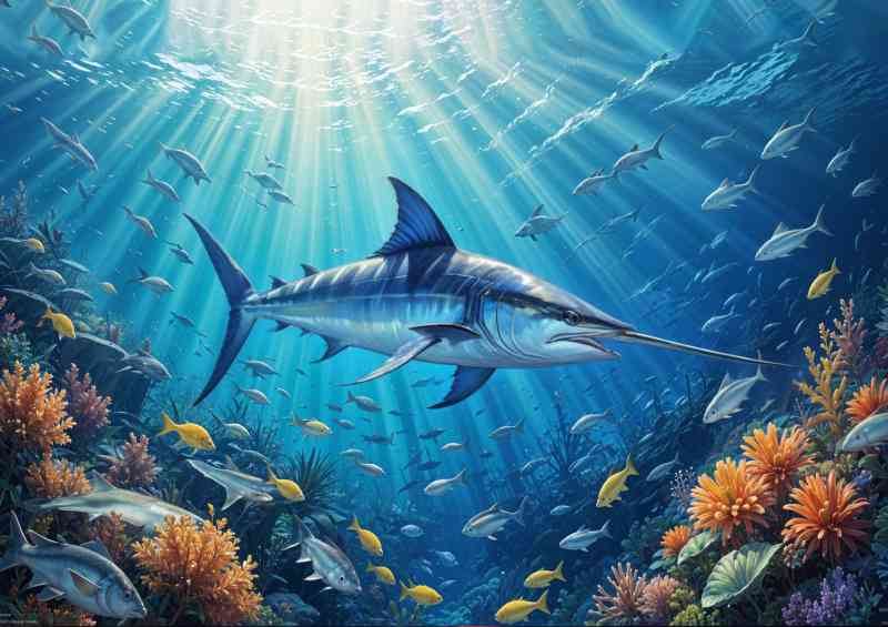 Blue marlin swimming in an underwater ocean scene | Poster