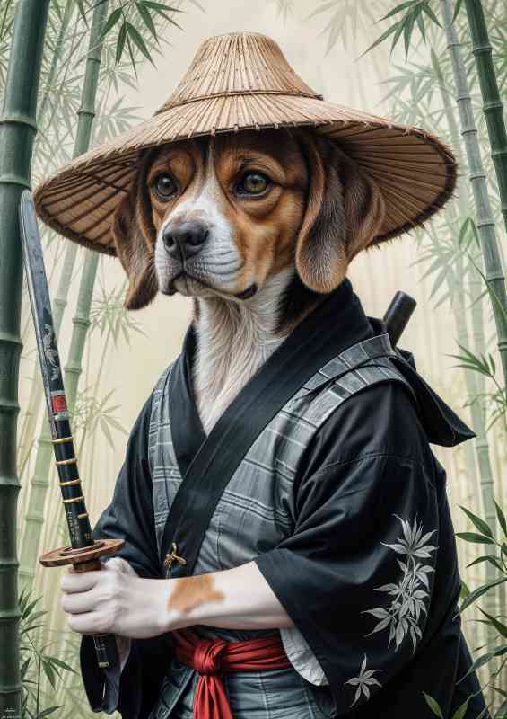 Beagle dog samurai warrior in bamboo forest | Poster