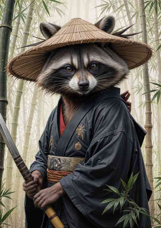 Racoon samurai warrior in bamboo forest | Canvas