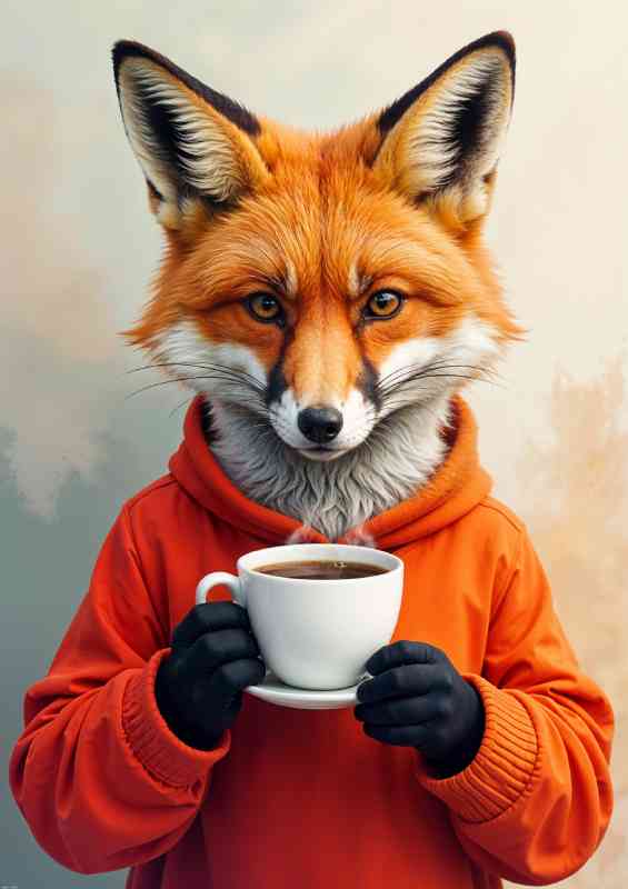 Red fox having a cup of latte coffe with a abstract background | Poster