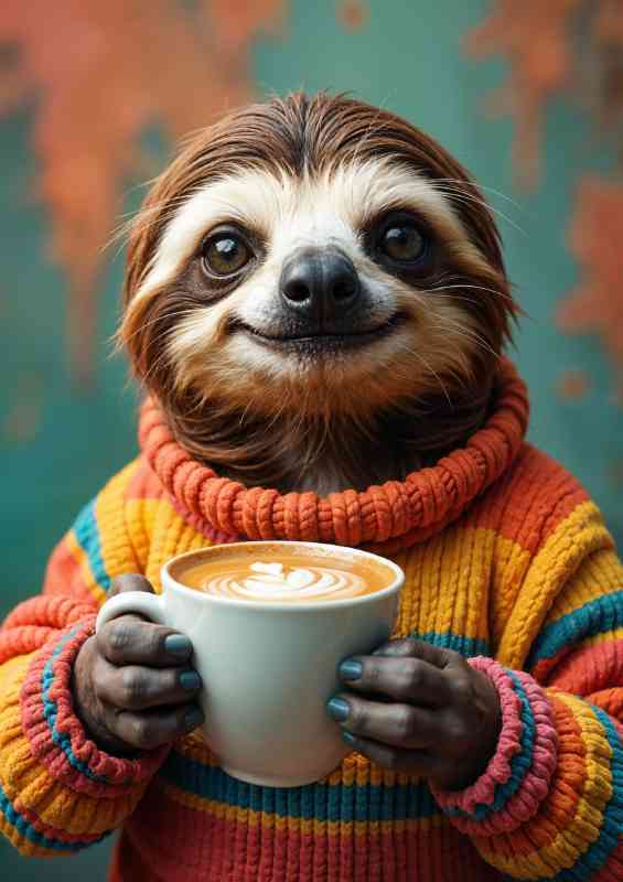Sloth wearing a striped sweater having a nice cup of latte coffee | Metal Poster