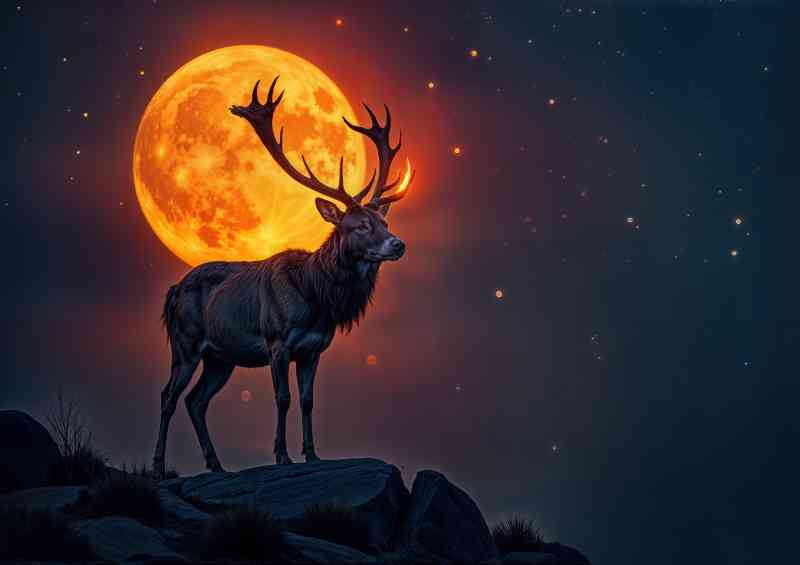 Male deer with smoky glowing extra large antlers and full moon | Poster