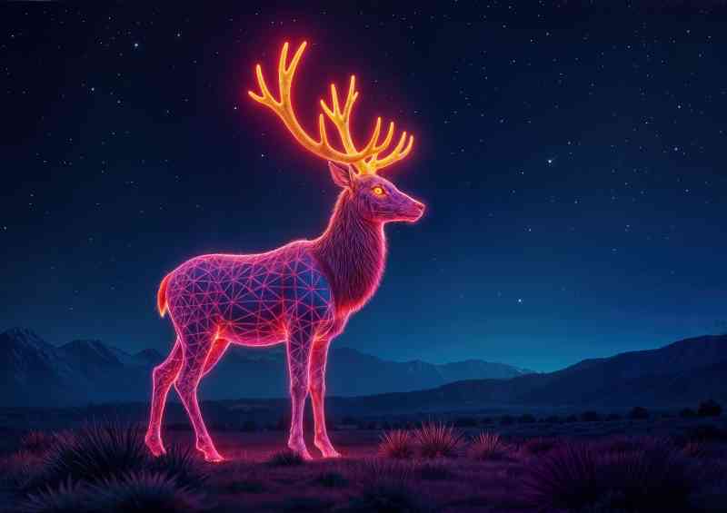 Neon style stag in the field at night | Metal Poster