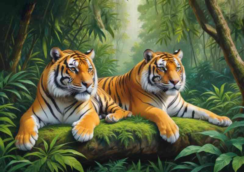 Two adult tigers resting in a green jungle environment | Poster
