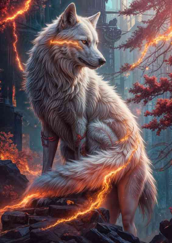 Cyberpunk majestic white wolf with flowing fur | Metal Poster