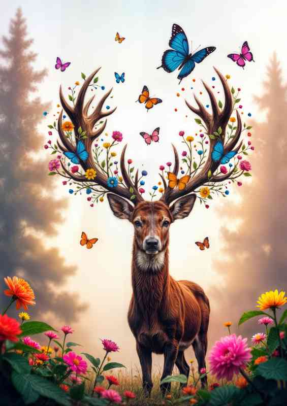 Deer in the woods with tall trees and butterflies | Poster