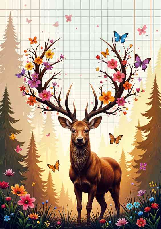 Magical deer with butterflies and rainbow flowers | Poster