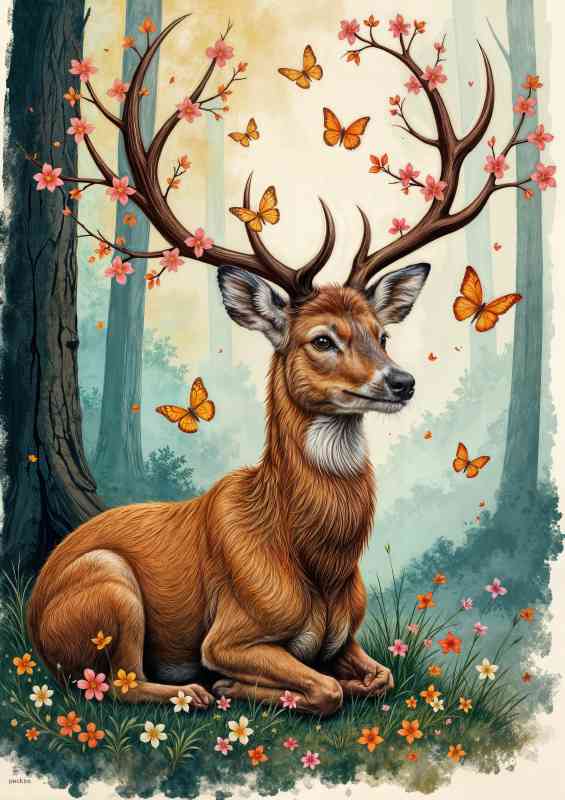 Seasons Deer and the butterflies | Poster