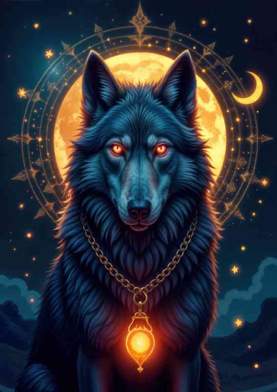 Shimmering blue and grey wolf with the moon | Metal Poster
