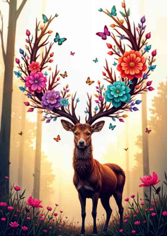 Stag with butterflies in its antlers in forest | Poster