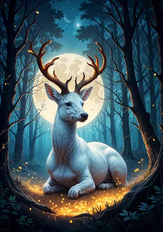 White deer with glowing antlers sitting in a magical forest | Di-Bond