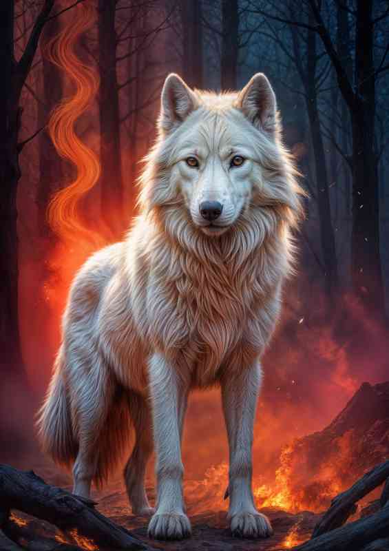 White wolf in the firey woods | Metal Poster
