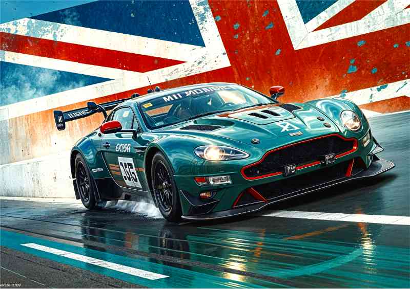 British race green aston martin racing in the rain | Poster