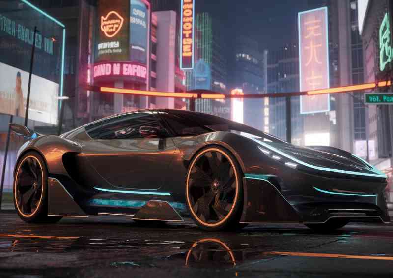 Futuristic sports car parked on a neon lit streets | Metal Poster