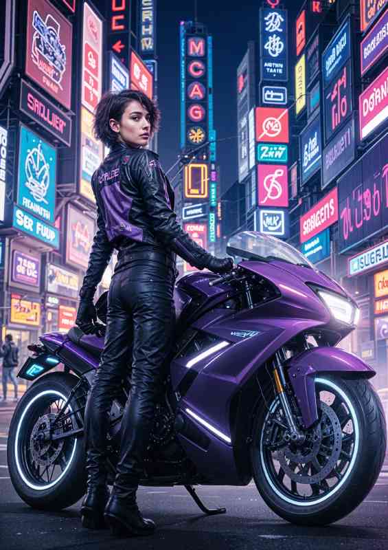 Futuristic purple racing motorcycle in a neon lit city street | Poster
