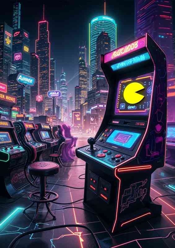 Gaming maching retro style in the neon city | Poster