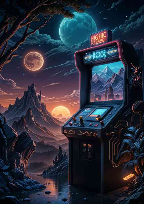 Retro arcade game machine mountains and a glowing moon | Canvas