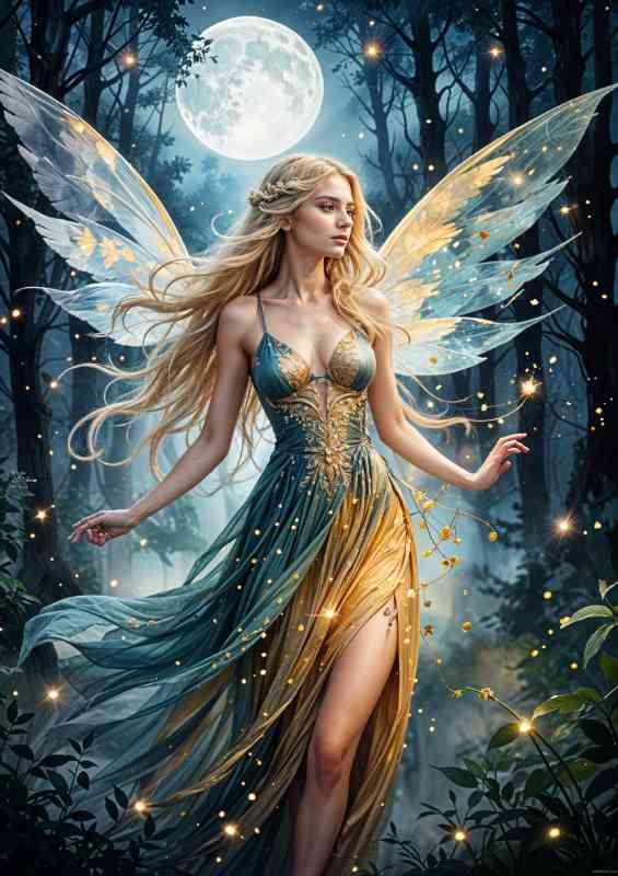 Beautiful fairy golden wings and full moon | Metal Poster