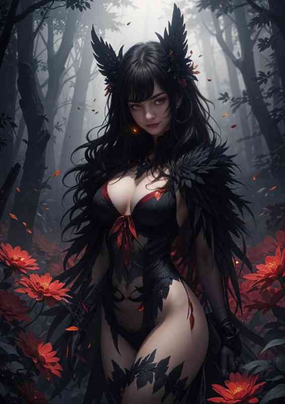 Dark, misty forest with glowing red flowers animae | Metal Poster