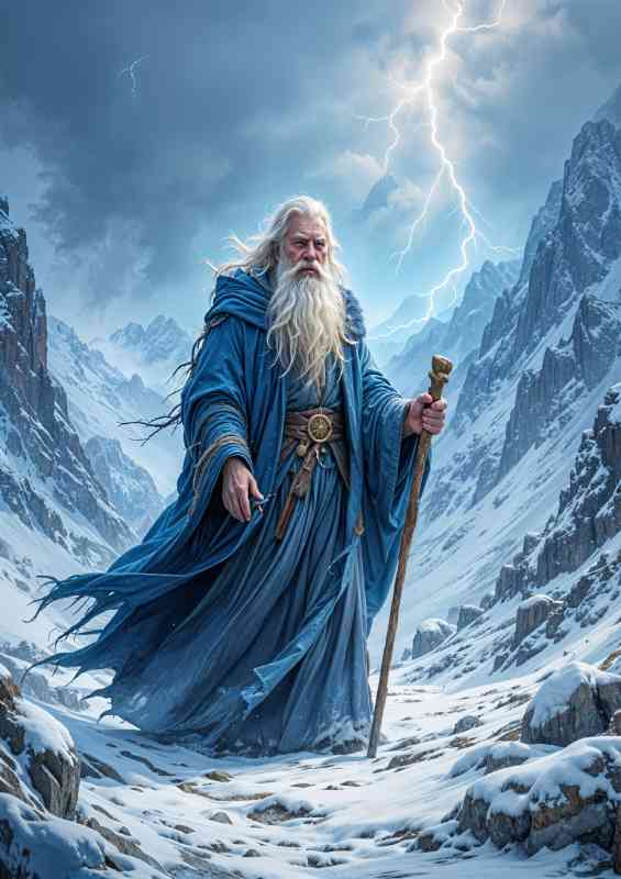 fantasy wizard with a long beard wearing a blue robe | Metal Poster
