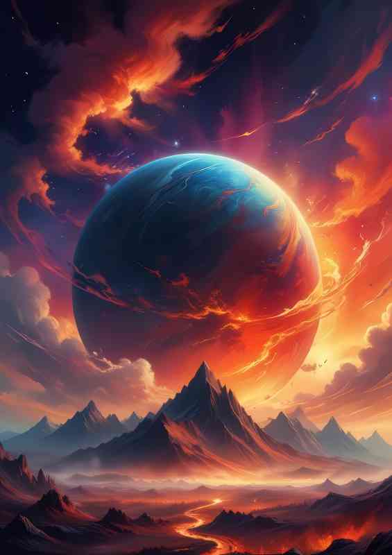 Large glowing planet with firey clouds and mountains | Poster