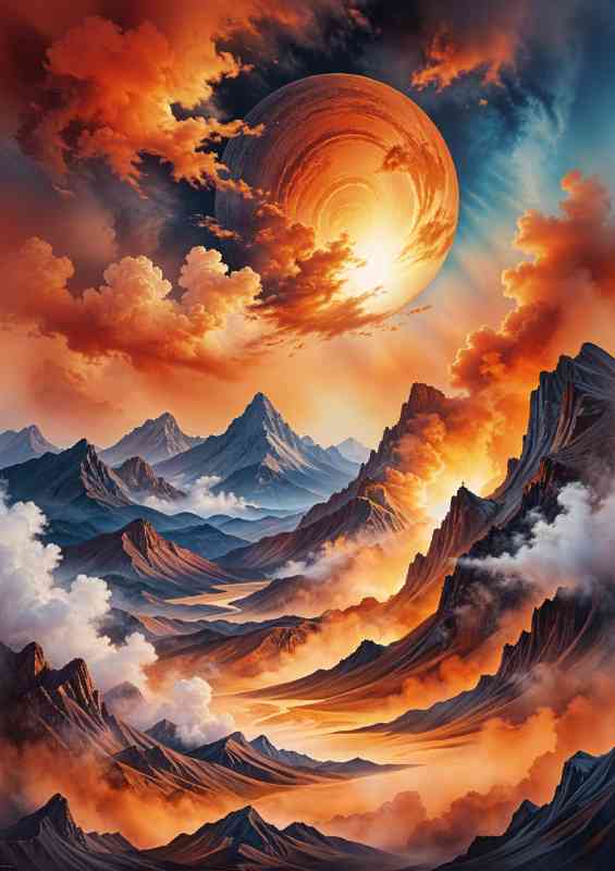 Mountain range and orange glowing planet | Di-Bond