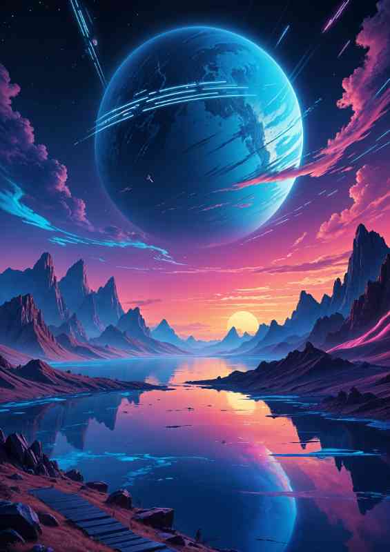colorful fantasy landscape with a large planet in the night sky | Canvas