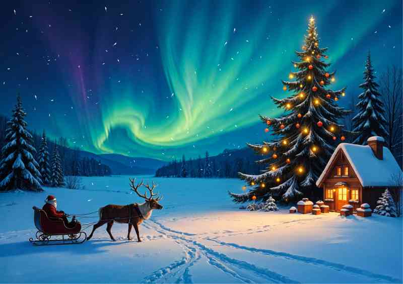 Santas north pole house and a large christmas tree | Poster