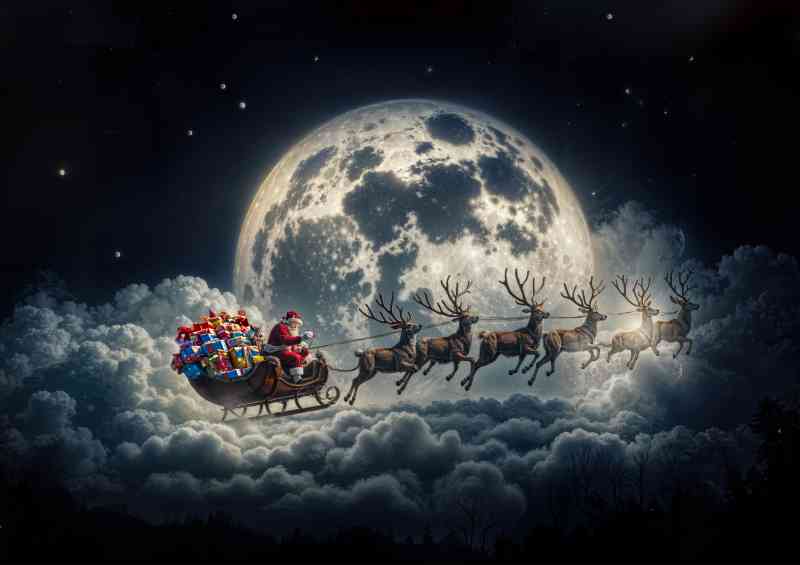 Santas sleigh full of presents over the full moon | Poster