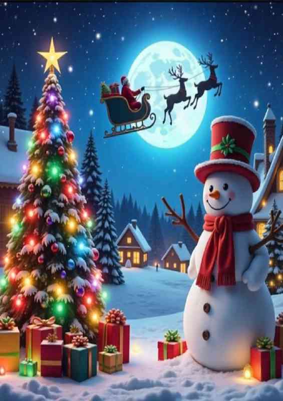 Snowman and christmas tree | Metal Poster