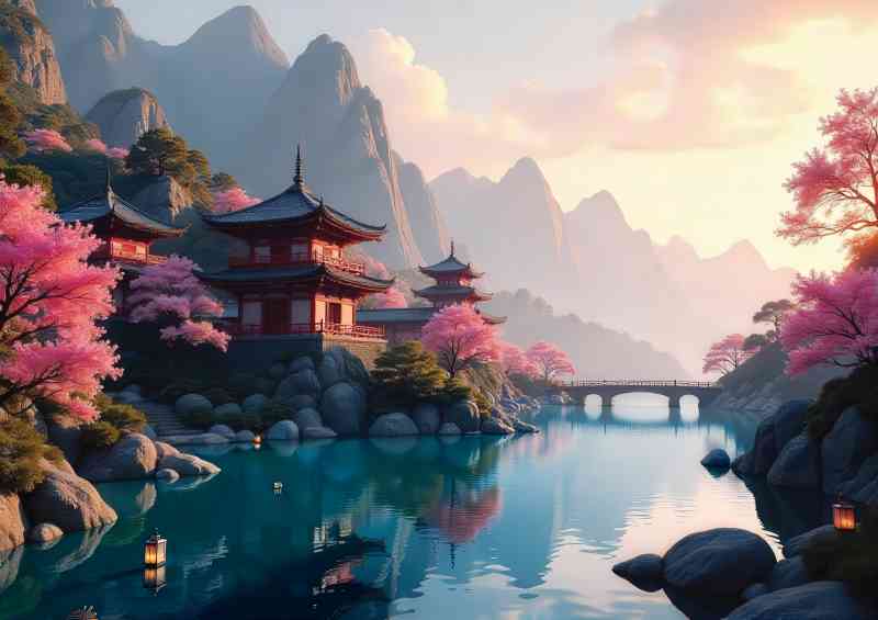 Blue lake with japanese house blosson trees | Canvas