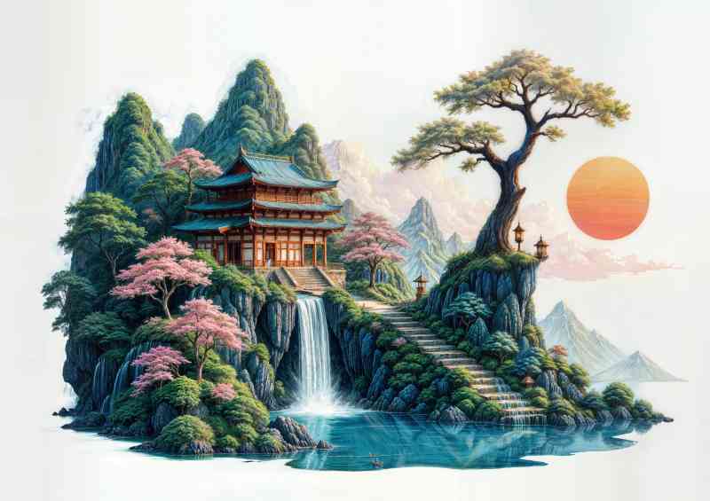 Japanese style home with stunning waterfall | Metal Poster