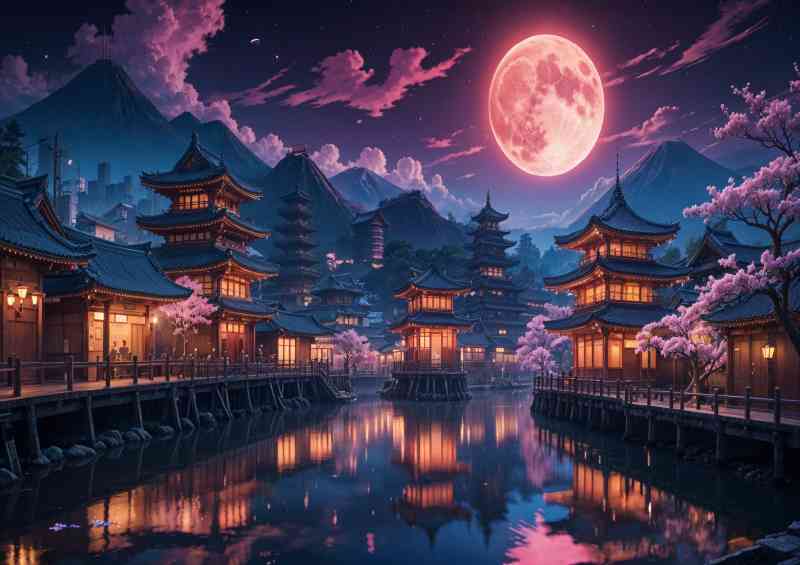 Traditional Japanese town at night with a pagoda style temple | Poster
