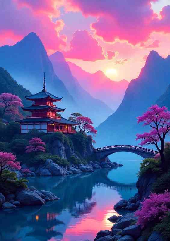 Japanese traditinal building by the bridge | Metal Poster