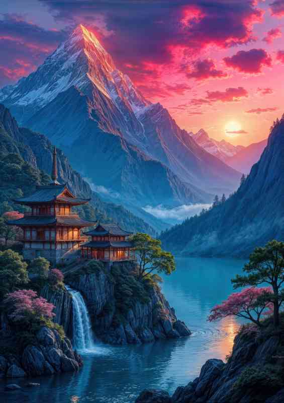 Majestic mountains waterfall and lake | Metal Poster