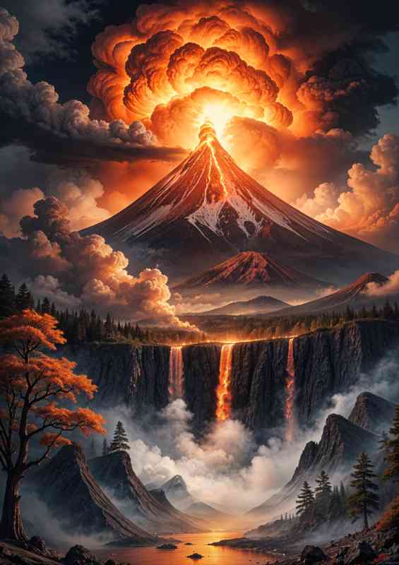 Mountain erupting with lave flowing | Poster