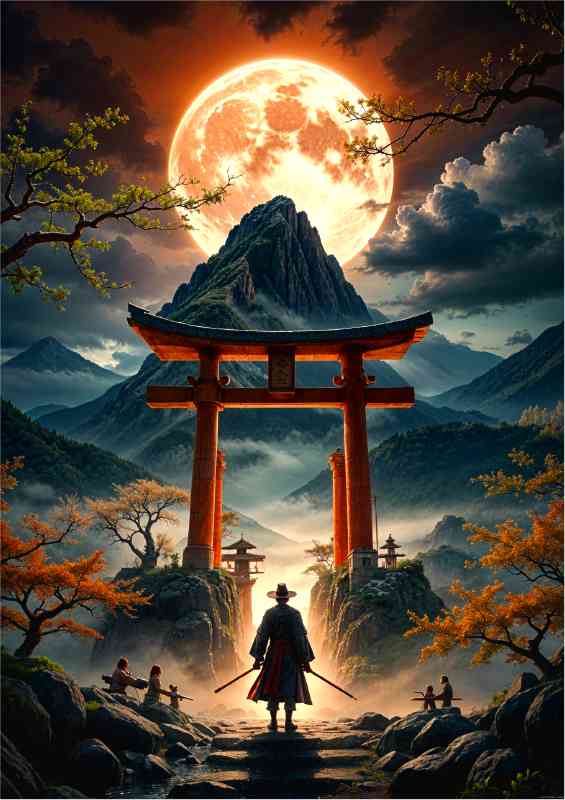 Samurai at the tori gate with mount fuji | Di-Bond
