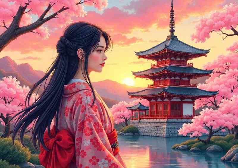 Giesha with blossom trees | Di-Bond