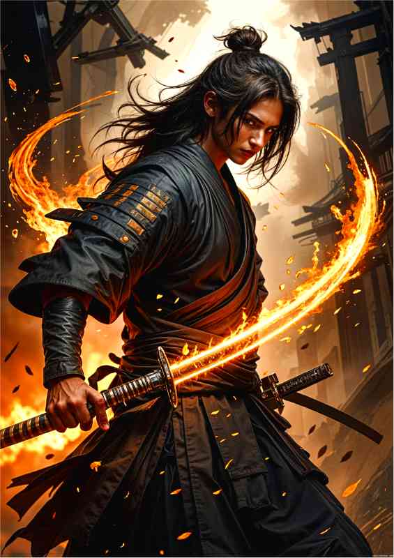 The young warrior with flame sword | Metal Poster