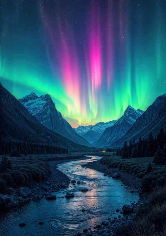 Aurora borealis in the night sky over mountains and river | Poster