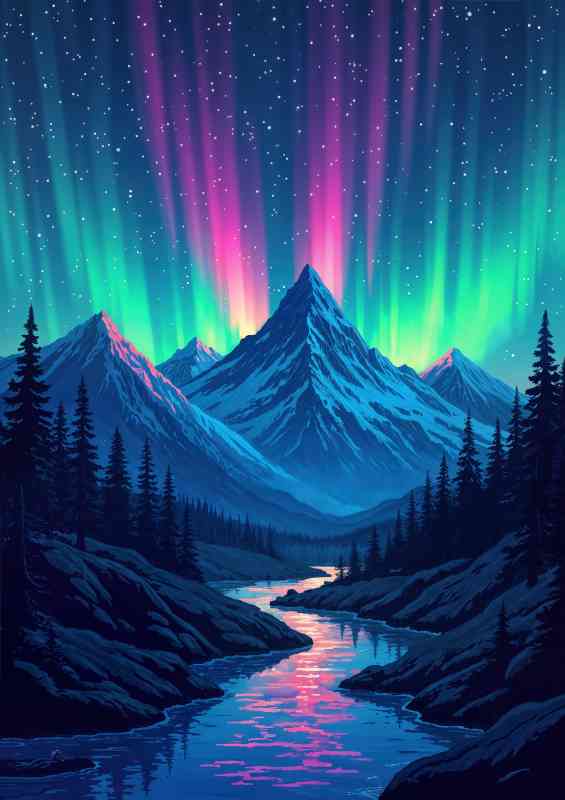 Colorful aurora borealis in the night with flowing river | Poster
