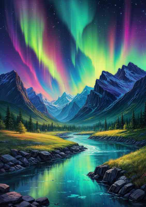 Painting colorful aurora borealis in the night | Metal Poster