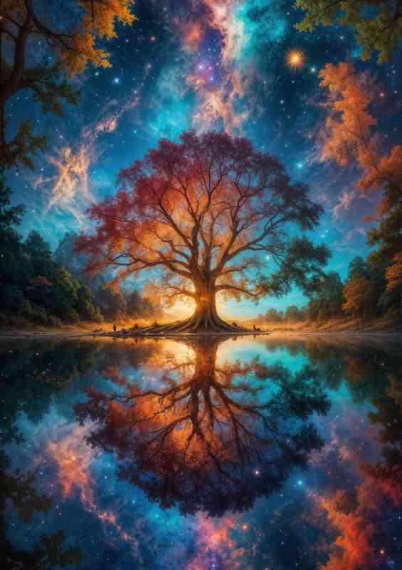 The large old oak tree in a nebula sky | Metal Poster