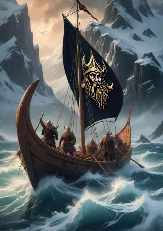 Viking long ship in rough sea | Metal Poster
