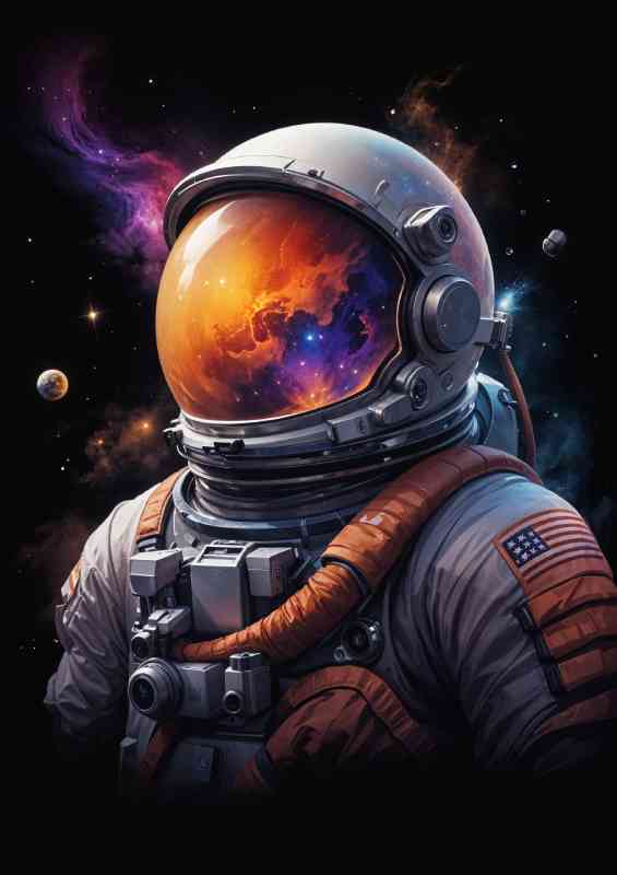 Astronaut scene with swirling nebulae planets and stars | Metal Poster