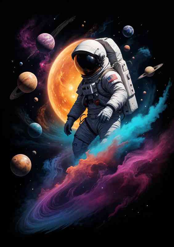 Astronaut with swirling nebulae planets and stars | Poster