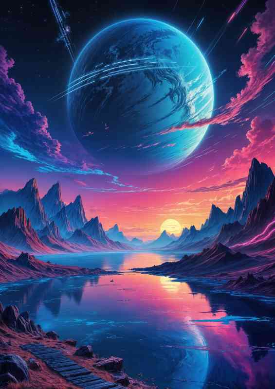 Cyberpunk a large blue planet with stripes | Poster