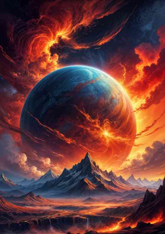 Glowing red planet with full mountain range | Metal Poster